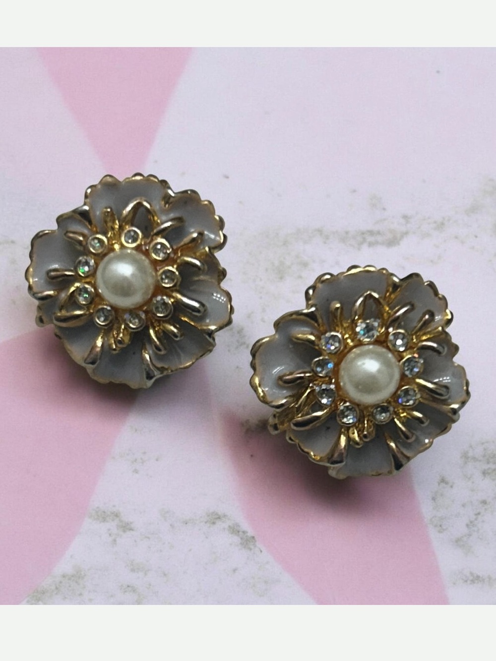 Vintage Circa 1960’s Enamel Floral Pearl Clip-On Earrings